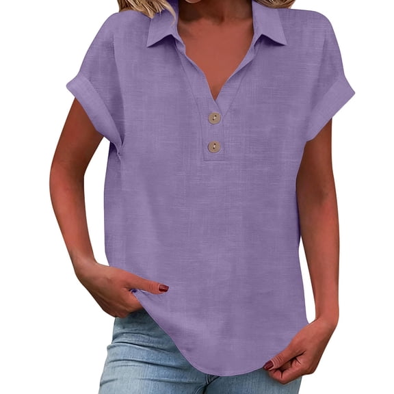WULMLEO Linen Shirts for Women V Neck Short Sleeve Gauze Tops 2026 Summer Lightweight Botton Up Tunic Blouses Beach Purple M