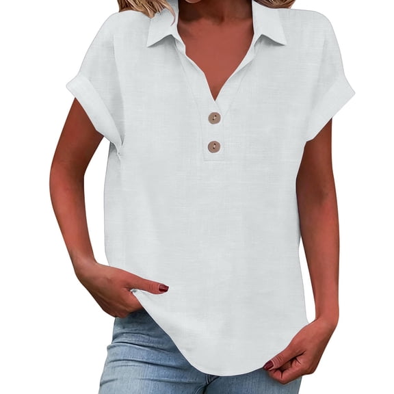 WULMLEO Linen Shirts for Women V Neck Short Sleeve Gauze Tops 2026 Summer Lightweight Botton Up Tunic Blouses Beach White M