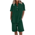 thumbnail image 1 of WULMLEO Linen Short Sets for Women 2 Piece Outfits Short Sleeve Button V Neck Shirts and Bermuda Short Sets Vacation Clothes Dark Green 2XL, 1 of 7