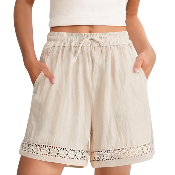 WULMLEO Linen Shorts for Women Lace Boho Summer Lightweight Drawstring High Waisted Shorts with Pockets Casual Pleated Skorts Beige 2XL