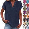 thumbnail image 1 of WULMLEO Linen Tops for Women Cotton Shirts Womens Short Sleeve Trendy Summer Casual Basic Tees V Neck Shirt Layering Fitted Tshirt Navy S, 1 of 7