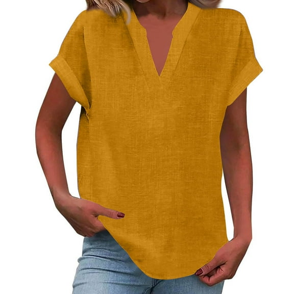 WULMLEO Linen Tops for Women Cotton Shirts Womens Short Sleeve Trendy Summer Casual Basic Tees V Neck Shirt Layering Fitted Tshirt Saffron XL