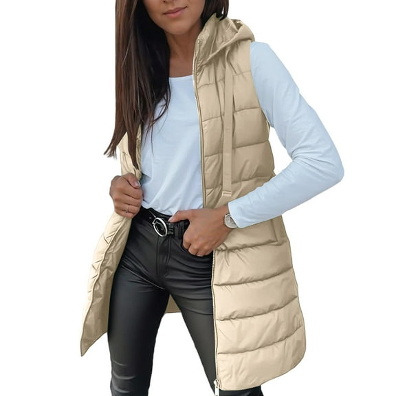 WULMLEO Long Hooded Winter Puffer Vest for Women, Quilted Sleeveless Zip Up Padded Jacket, Warm Fall Outerwear Coat with Pockets Lightweight Trendy Beige S