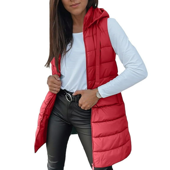 WULMLEO Long Hooded Winter Puffer Vest for Women, Quilted Sleeveless Zip Up Padded Jacket, Warm Fall Outerwear Coat with Pockets Lightweight Trendy Red M