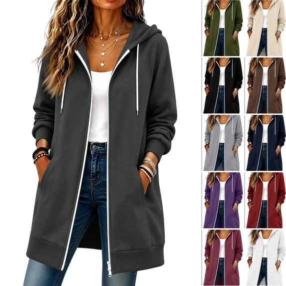WULMLEO Long Hoodies for Women Lined Long Sleeve Hooded Full Zip Up Sweatshirts Casual Cute Pullover Tops Plus Size Winter Jacket with Pocket Dark Gray 5XL