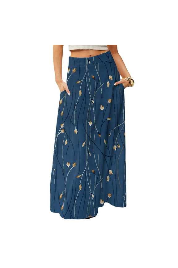 Long Skirts for Women Casual High Waist Maxi Skirt Flowy Aline Boho Beach Vacation Skirts with Pockets Blue L