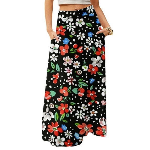 WULMLEO Long Skirts for Women Casual High Waist Maxi Skirt Flowy Aline Boho Beach Vacation Skirts with Pockets Navy M