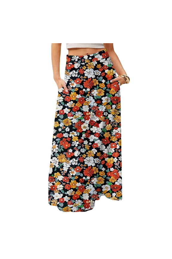 Long Skirts for Women Casual High Waist Maxi Skirt Flowy Aline Boho Beach Vacation Skirts with Pockets Saffron L