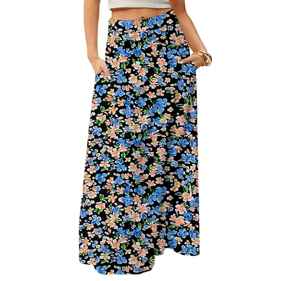 WULMLEO Long Skirts for Women Trendy Boho High Waisted Maxi Skirts with Pockets Floral Flowy Beach Vacation A Line Skirt Black L