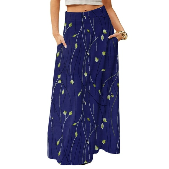 WULMLEO Long Skirts for Women Trendy Boho High Waisted Maxi Skirts with Pockets Floral Flowy Beach Vacation A Line Skirt Dark Blue 2XL