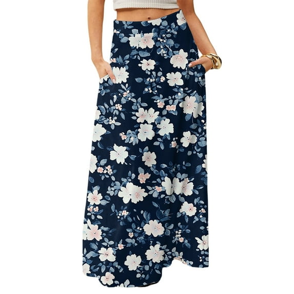 WULMLEO Long Skirts for Women Trendy Boho High Waisted Maxi Skirts with Pockets Floral Flowy Beach Vacation A Line Skirt Royal Blue M