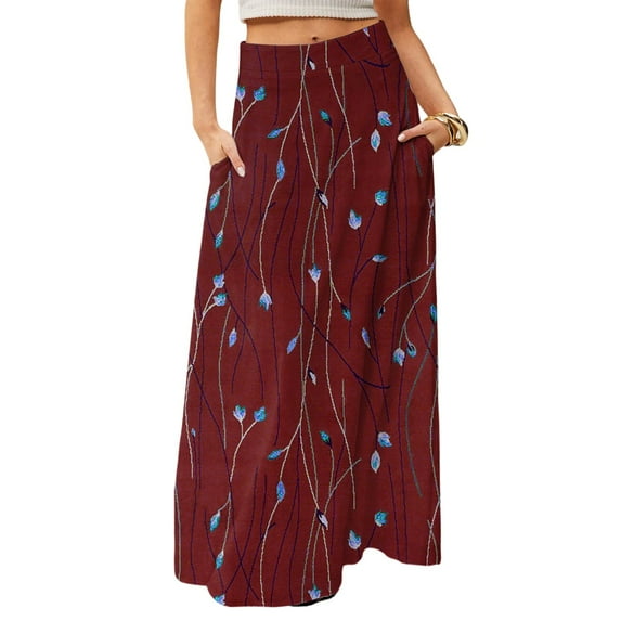 WULMLEO Long Skirts for Women Trendy Boho High Waisted Maxi Skirts with Pockets Floral Flowy Beach Vacation A Line Skirt Vermilion M