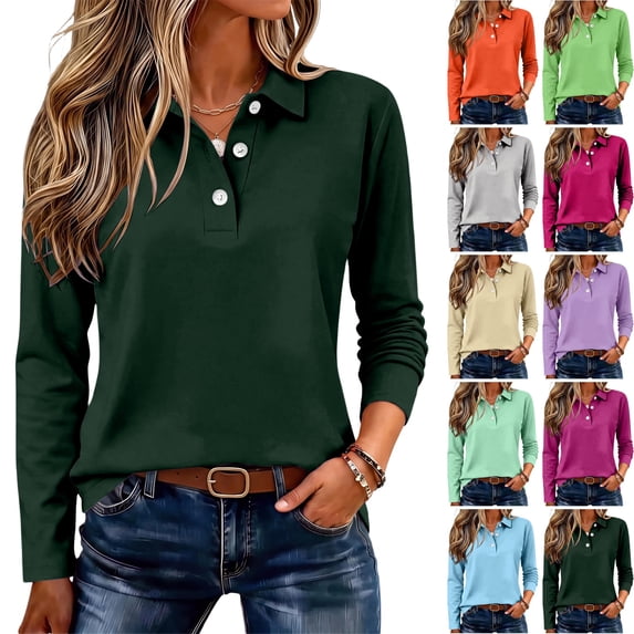 WULMLEO Long Sleeve Polo Shirts for Women Golf Tops with Collar Work Office Blouses Dark Green XL