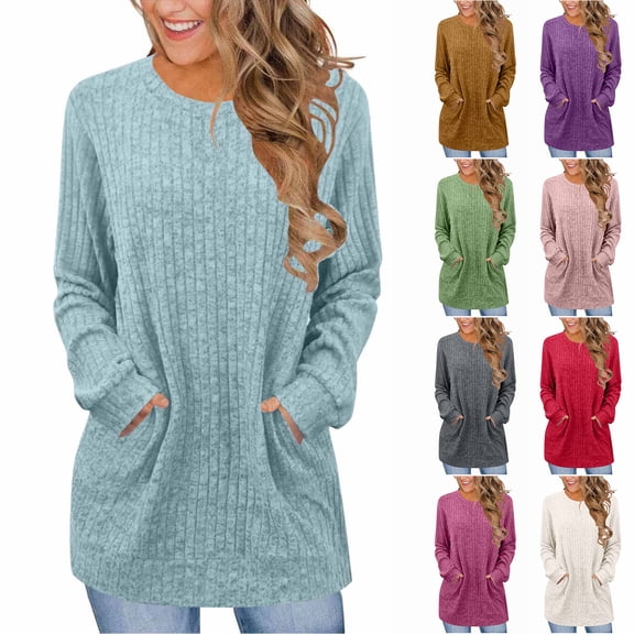 WULMLEO Long Sleeve Shirts for Women Casual Crew Neck Tunic Tops Loose Fit Dressy Pullover Sweaters with Pockets Light Blue M