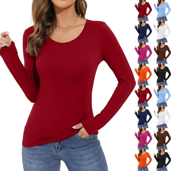 WULMLEO Long Sleeve Shirts for Women Scoop Neck Lightweight Stretchy Fitted Ribbed Basic Layer Tops Blouse Wine L