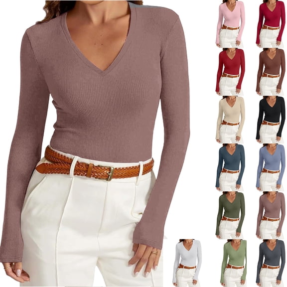 WULMLEO Long Sleeve Winter Causal Shirts for Women V Neck Sexy Boho Tops for Women Ribbed Knit Exercise Blouses Solid Slim Tees Light Brown L