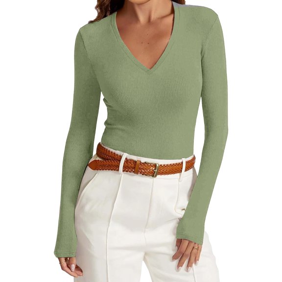 WULMLEO Long Sleeve Winter Causal Shirts for Women V Neck Sexy Boho Tops for Women Ribbed Knit Exercise Blouses Solid Slim Tees Light Green M