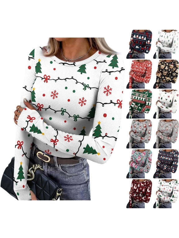 Long Sleeve for Women Cute Xmas Patterned Ribbed Knit Christmas Tops Army Green L
