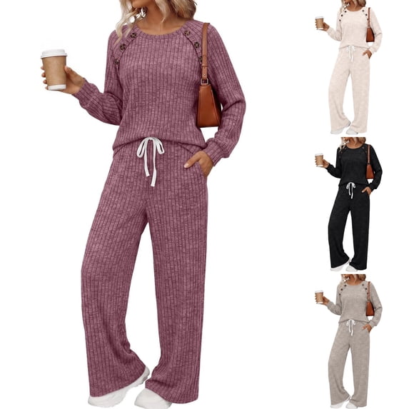 WULMLEO Lounge Sets for Women 2 Piece Button Decorative Crew Neck Long Sleeve Tops Wide Leg Pants Outfits Casual Comfortable Tracksuit Stretch Sweater Sets Hot Pink 2XL