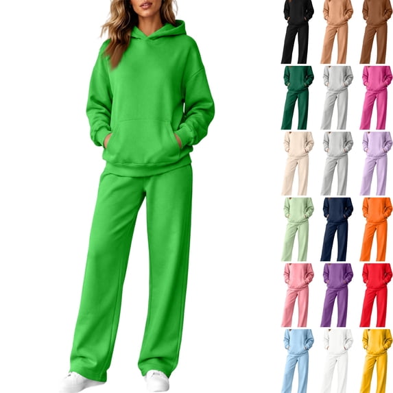 WULMLEO Matching Sets Women Clothing Matching Hooded Sweatshirts and Wide Leg Joggers Cute Two Piece Set Casual Lightweight Going Out Tracksuit Set Green L