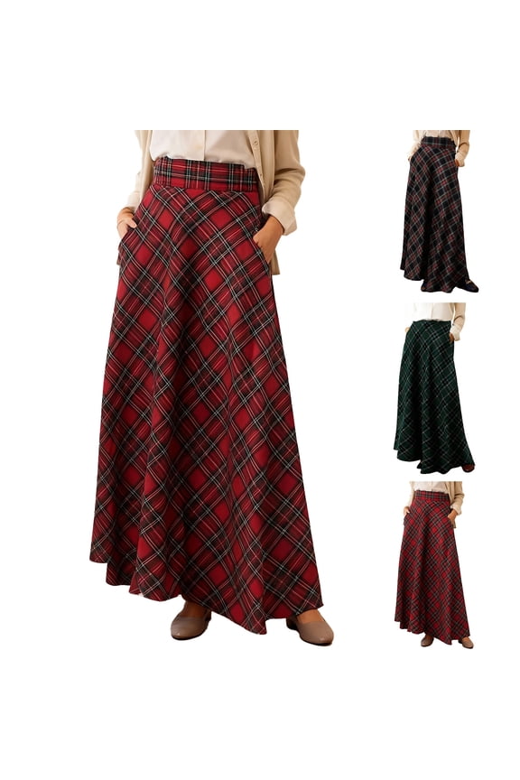 Maxi Skirts for Women High Waisted Retro Flowy Long Plaid Skirt Renaissance Pull On Tartan A Line Skirt with Pockets Red 2XL