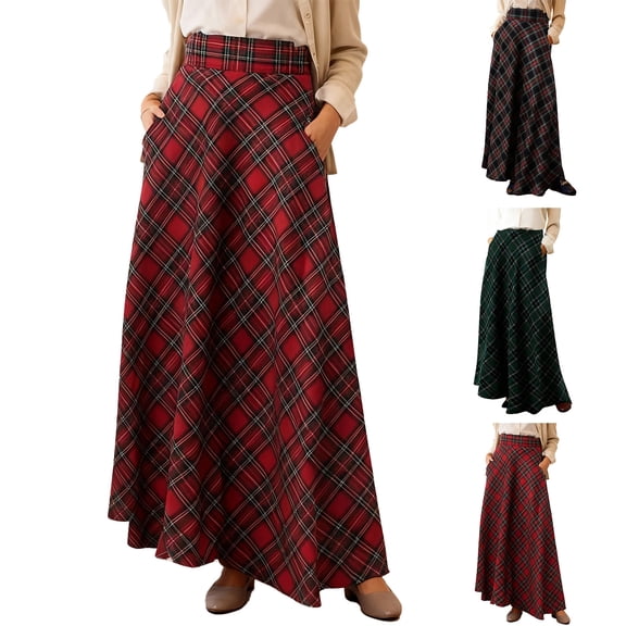 WULMLEO Maxi Skirts for Women High Waisted Retro Flowy Long Plaid Skirt Renaissance Pull On Tartan A Line Skirt with Pockets Red L