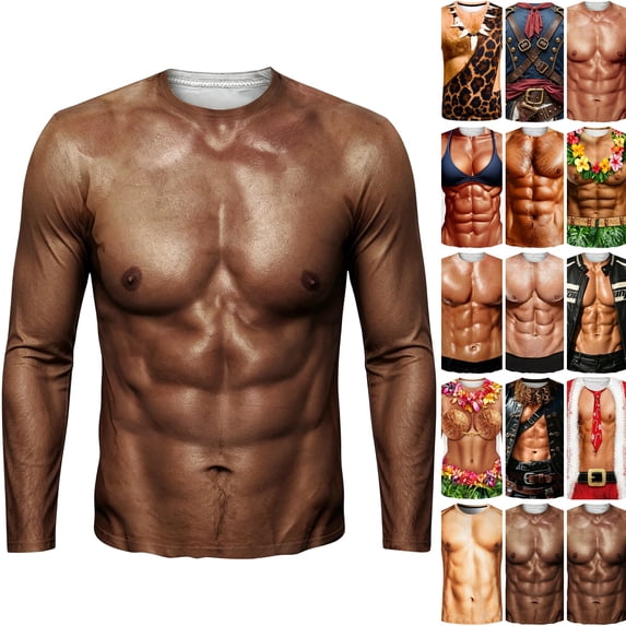 WULMLEO Men 3D Printed Costume Long Sleeve Crew Neck T Shirts Funny Fake Abs Lederhosen Graphic Novelty Tees Shirt BR 4XL