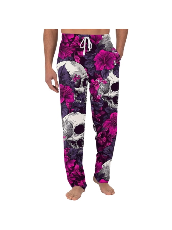 Men Halloween Skull Print Jogger Pants, Elastic Drawstring Waist Casual Lounge Sweatpants, Skeleton Graphic Loose Fit Holiday Home Sleep Bottoms With Side Pockets Hot Pink M