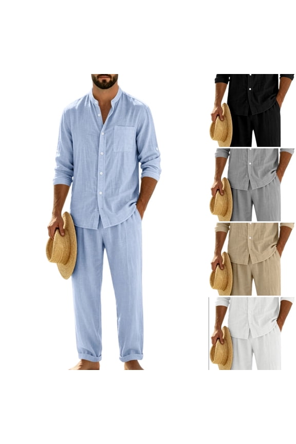 Men Linen 2 Piece Outfit Sets Mandarin Collar Roll Up Long Sleeve Button Shirts & Cuffed Straight Leg Pants Summer Beach Matching Suits Light Blue 3XL