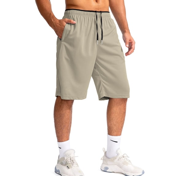 WULMLEO Men's Athletic Shorts with Pockets 11" Long Basketball Bottoms Lightweight Quick Dry Gym Workout Shorts for Training Khaki L