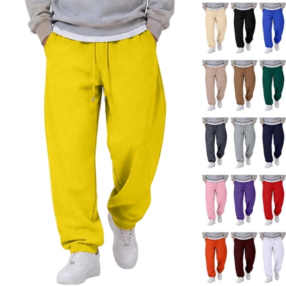WULMLEO Men's Baggy Sweatpants with Pockets Drawstring Loose Fit Cuffed Gym Casual Joggers Yellow L