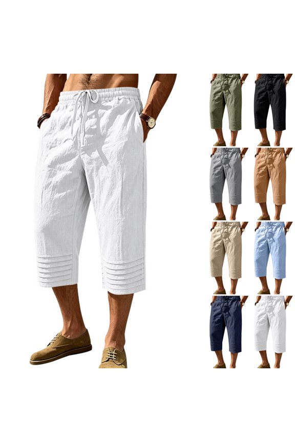 Men's Capris Breathable Textured Linen Cropped Trousers Drawstring Elastic Waist Stitched Ribbed Hem Mid-Calf Casual Pants White M