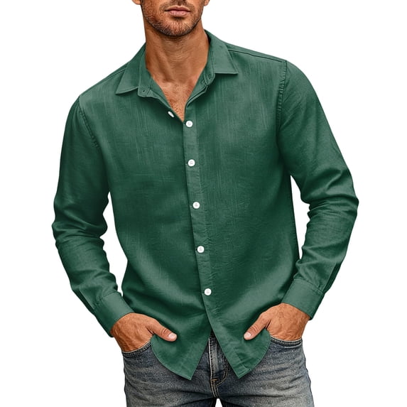 WULMLEO Men's Cotton Linen Button Down Shirts Long Sleeve Casual Summer Beach Tops Dark Green Polyester