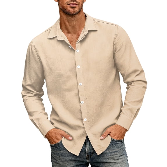 WULMLEO Men's Cotton Linen Button Down Shirts Long Sleeve Casual Summer Beach Tops Khaki Polyester