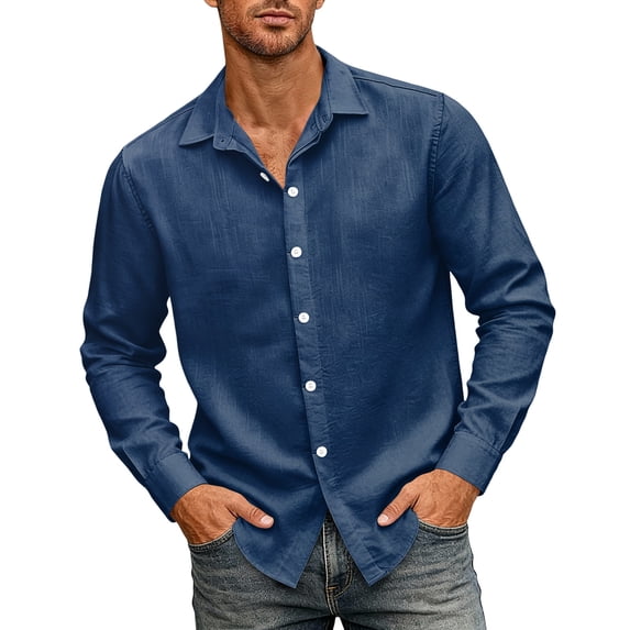 WULMLEO Men's Cotton Linen Button Down Shirts Long Sleeve Casual Summer Beach Tops Navy Polyester
