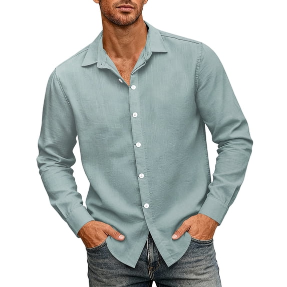 WULMLEO Men's Cotton Linen Button Down Shirts Long Sleeve Casual Summer Beach Tops Turquoise Polyester