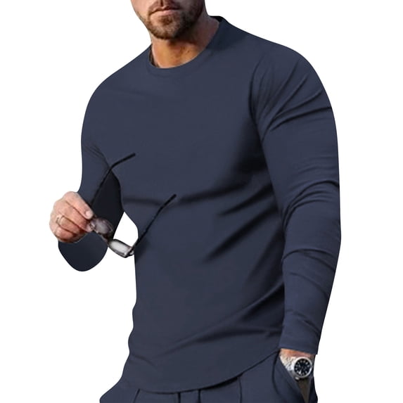 WULMLEO Men's Crew Neck Curved Hem Long Sleeve T-Shirts Soft Stretch Slim Fit Basic Solid Casual Pullover Tops Navy XL