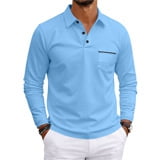 WULMLEO Men's Long Sleeve Polo Shirts 2026 Fashion Casual Polo T Shirt Slim Fit Shirt Collared Office Work Golf Polo Shirt Blue 2XL
