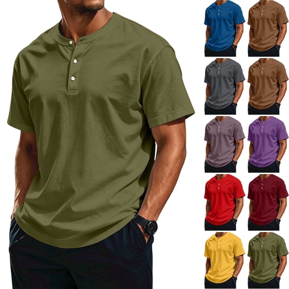 WULMLEO Men's Soft Cotton Henley Tees Three Button Notch Neck Short Sleeve Breathable Casual Walking T-Shirts Army Green 4XL