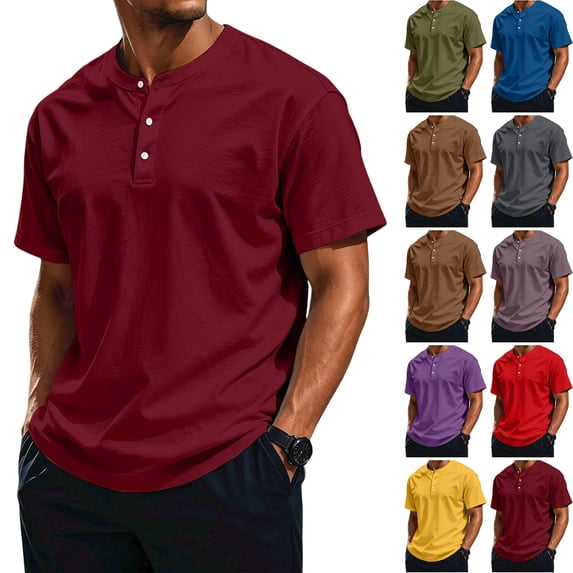 WULMLEO Men's Soft Cotton Henley Tees Three Button Notch Neck Short Sleeve Breathable Casual Walking T-Shirts Wine L