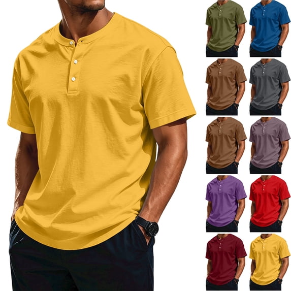 WULMLEO Men's Soft Cotton Henley Tees Three Button Notch Neck Short Sleeve Breathable Casual Walking T-Shirts Yellow XL