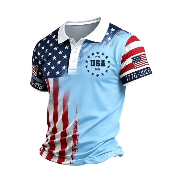 WULMLEO Men's United States of America 1776-2026 Tops 250 Anniversary USA Shirt Eagle Patriotic Flag Tee Light Blue L