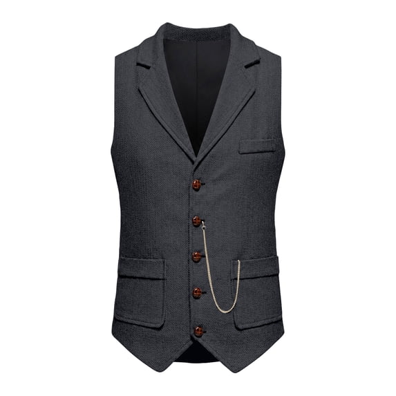 WULMLEO Men's Vintage Slim Fit Suit Vest Formal Prom Party Herringbone Pattern Waistcoat with Chain Detail,Pockets Dark Gray L