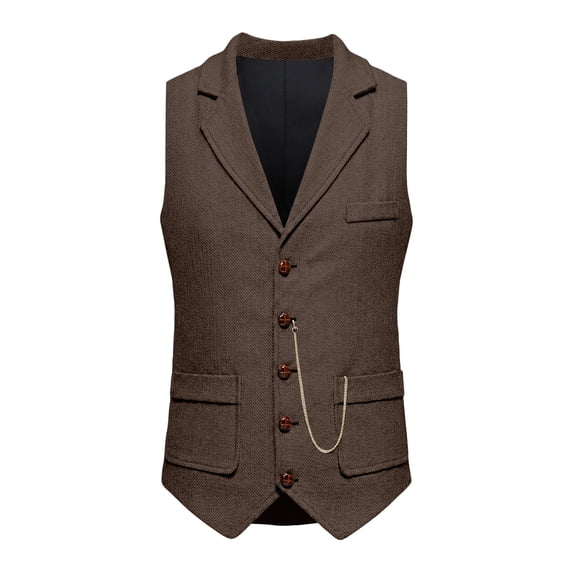 WULMLEO Men's Vintage Slim Fit Suit Vest Formal Prom Party Herringbone Pattern Waistcoat with Chain Detail,Pockets Khaki 2XL