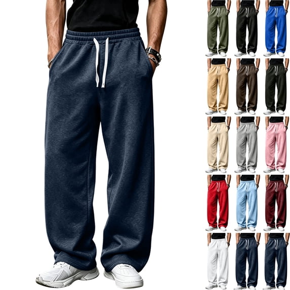 WULMLEO Men's Wide Leg Sweatpants with Pockets Drawstring Loose Fit Baggy Athletic Pants for Fall Casual Navy 2XL
