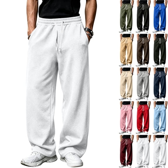 WULMLEO Men's Wide Leg Sweatpants with Pockets Drawstring Loose Fit Baggy Athletic Pants for Fall Casual White L