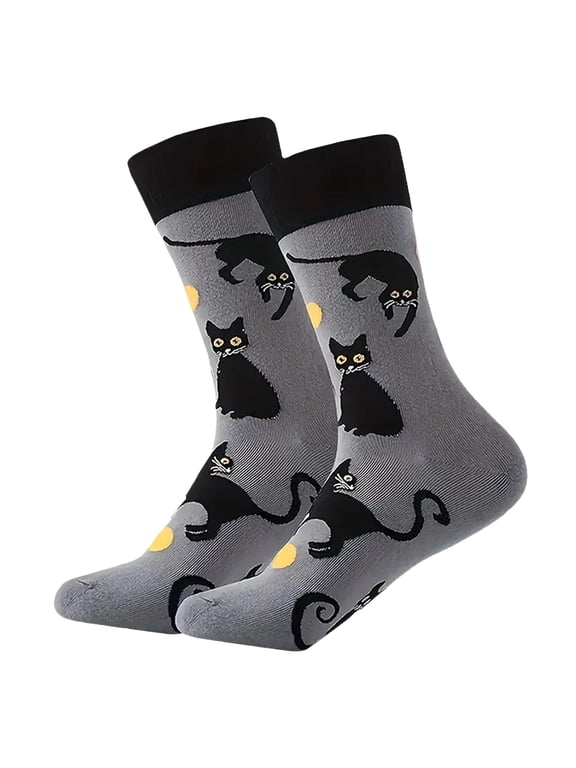 Men's & Women's Black Cat Crew Socks, Cute Animal Novelty Cotton Socks for Daily Wear Gray One Size