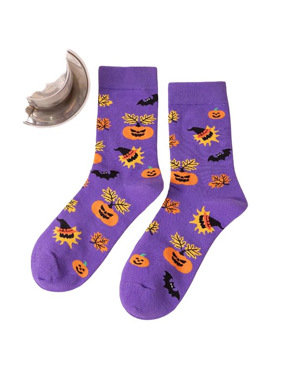 Men's & Women's Halloween Purple Ghost Pumpkin Crew Socks, Funny Spooky Novelty Cotton Socks for Halloween Party f One Size