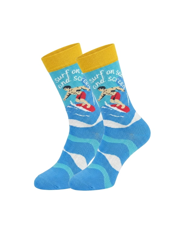 Men's & Women's Surfing Print Crew Socks, Funny Surf Novelty Cotton Socks for Beach Lovers Blue One Size