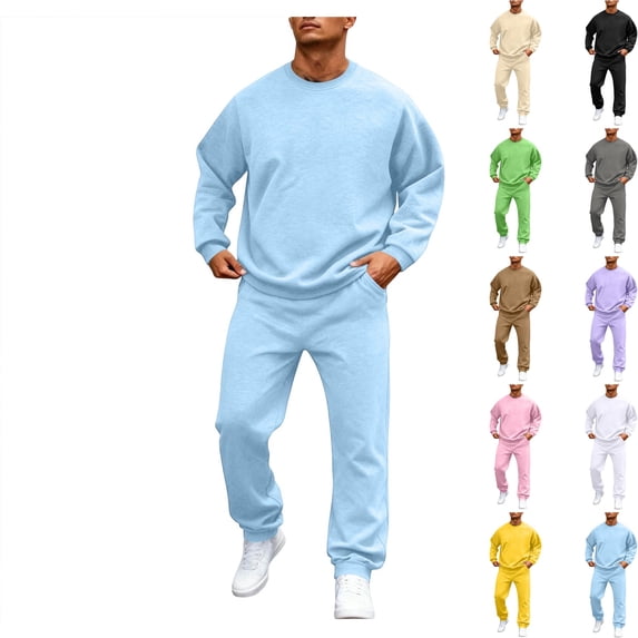 WULMLEO Mens 2 Piece Sweatsuits Solid Fall Crew Neck Long Sleeve Pullover Wide Leg Joggers Sets Casual Jogging Tracksuit Trendy Y2k Outfits Set Light Blue M